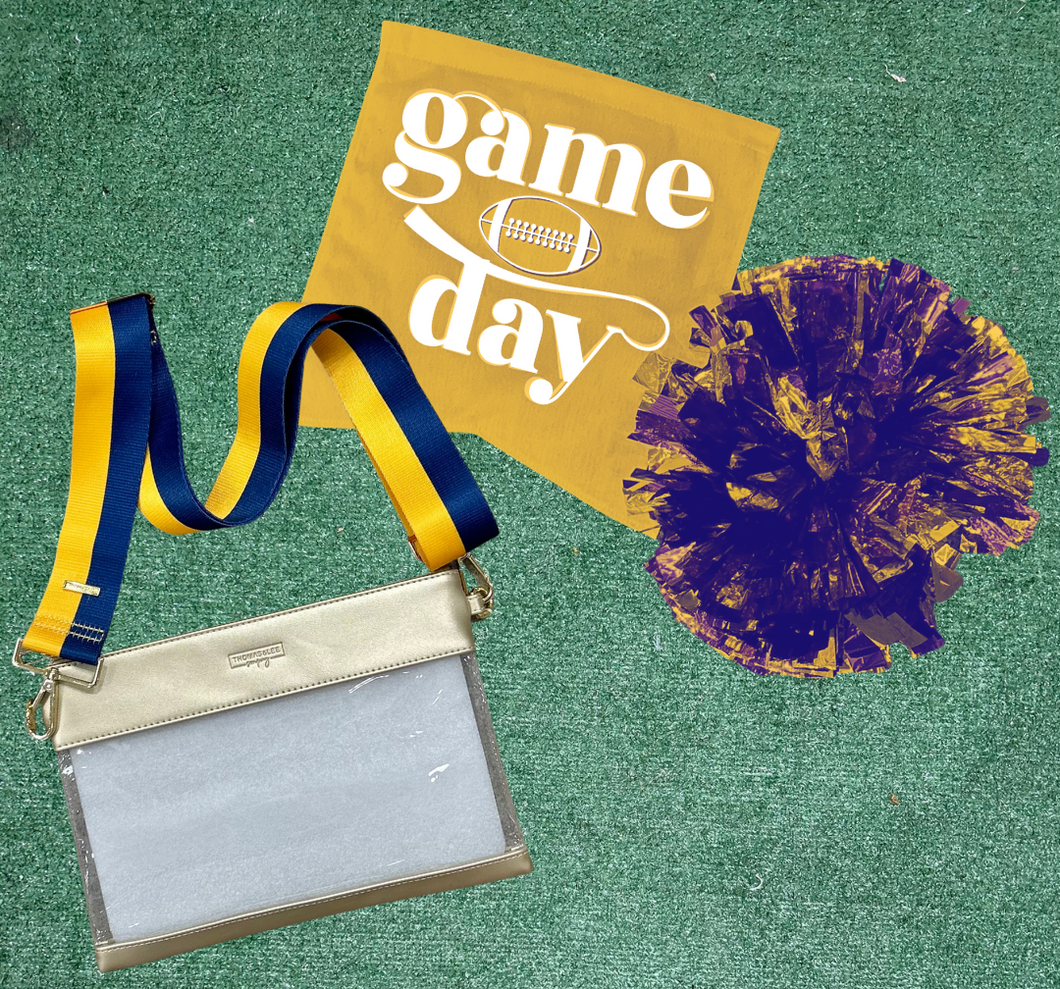 Gold & Clear Stadium Bag + Gold & Blue Gameday Strap NCAA/NFL/Concert