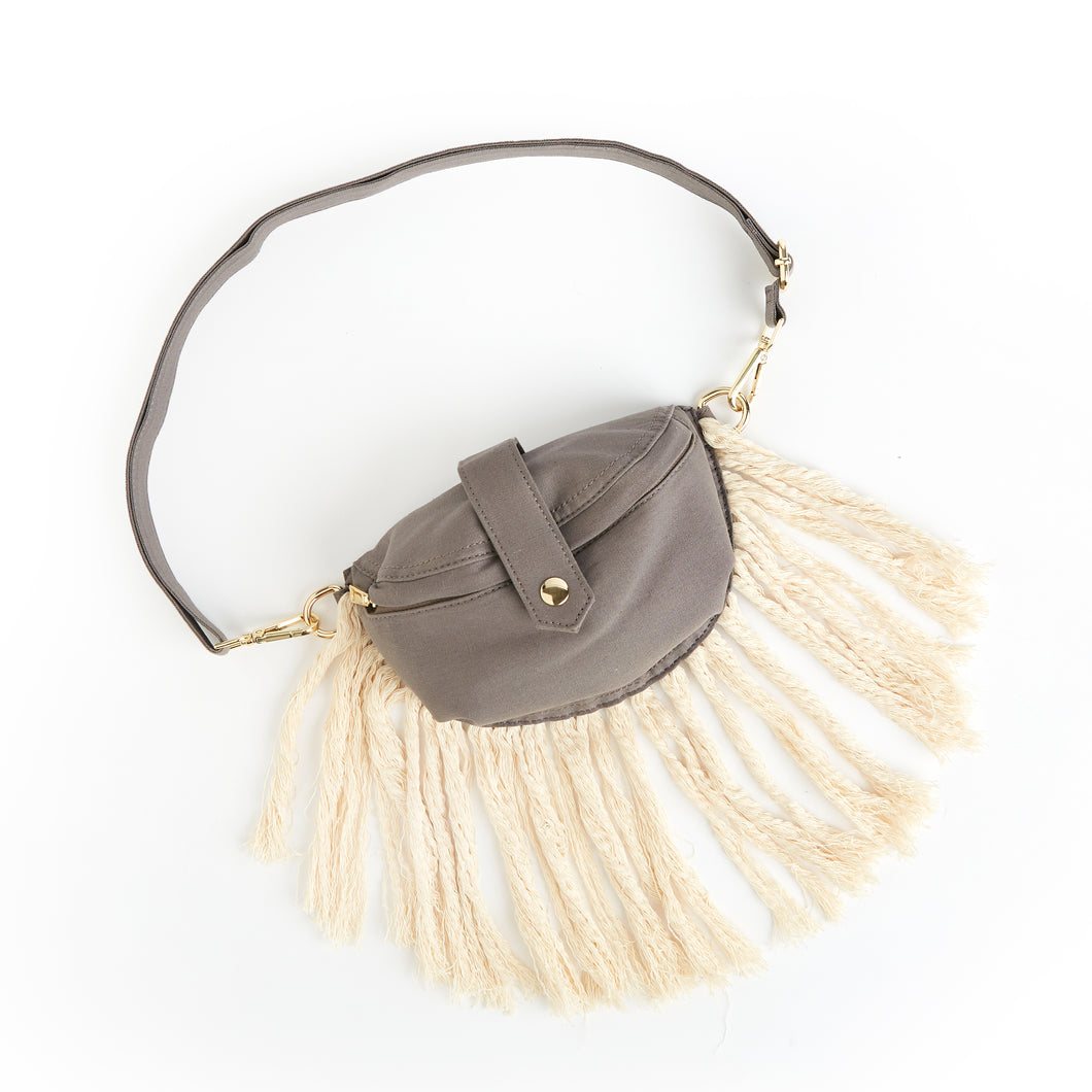 Grey Cotton Linen Fringe Fanny Pack - Bum Bag