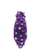 Load image into Gallery viewer, Pearls Headband Purple Fabric with Gold, Green, Purple Pearls
