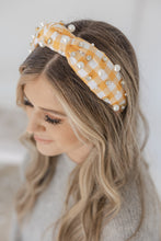 Load image into Gallery viewer, Gingham Headband with hand sewn Embellishments
