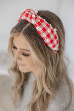 Load image into Gallery viewer, Gingham Headband with hand sewn Embellishments
