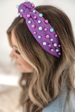 Load image into Gallery viewer, Pearls Headband Purple Fabric with Gold, Green, Purple Pearls
